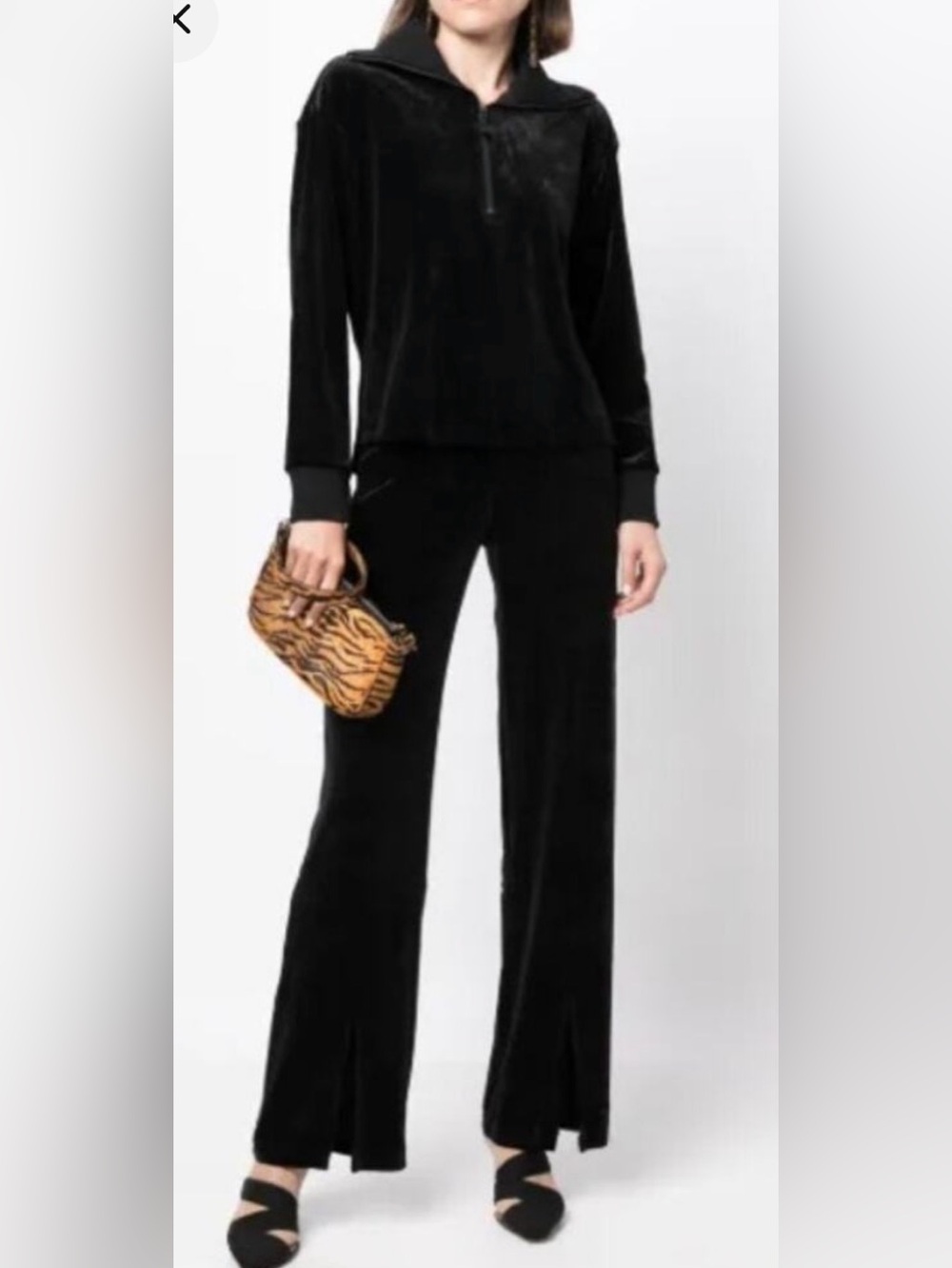 SPANX Plush Soft Stretch Velvet Half Zip & Wide Leg Pant Set Black S